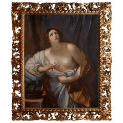 Antique Oil on Canvas "Cleopatra with the Snake" after Guido Reni in Carved Gilt Frame