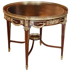 Louis XVI French Style Round Center Table with Leather Top / Bronze Doré Mounts