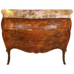 19th Century Italian Burled Wood Bombe' Commode with Marble Top