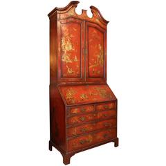 Antique Red Lacquered Chinoiserie Slant Front Secretary in the Queen Anne Style