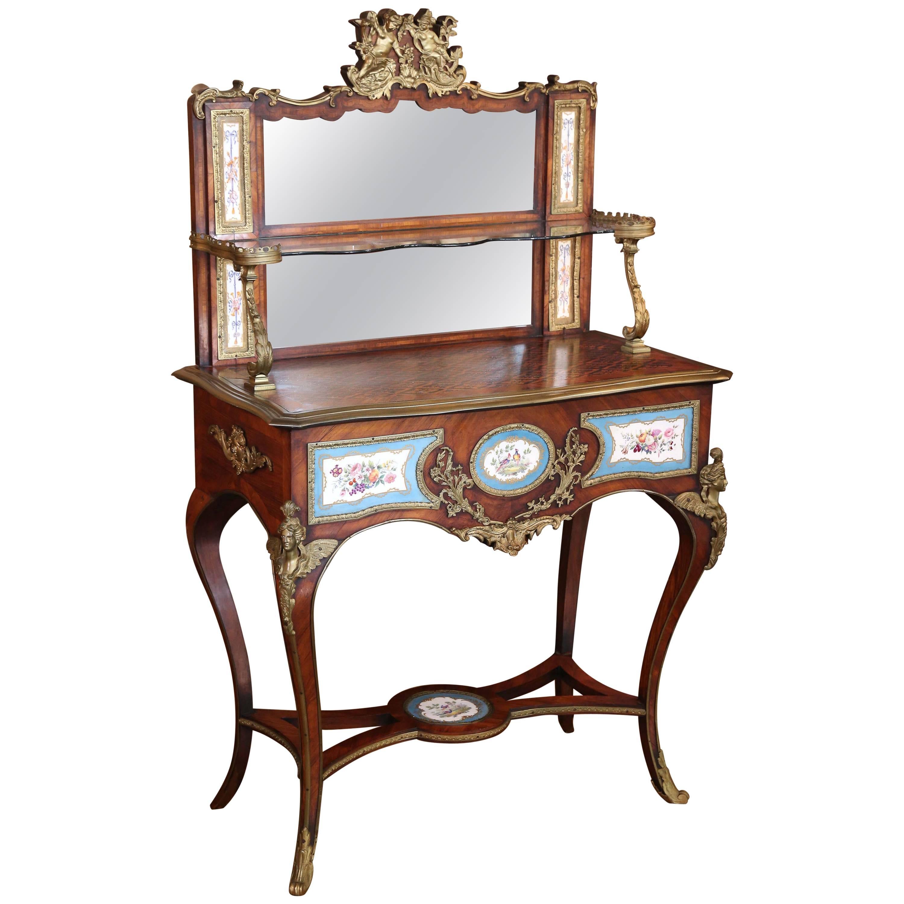 Antique French Louis XV Vanity Table with Gilt Bronze Mounts/Porcelain Cameos For Sale