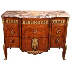 18th Century Louis XV Marquetry Inlaid Commode, Gilt Bronze-Mounted, Marble Top