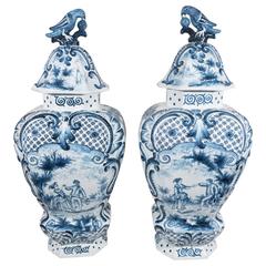 Large Blue and White Delft Covered Vases