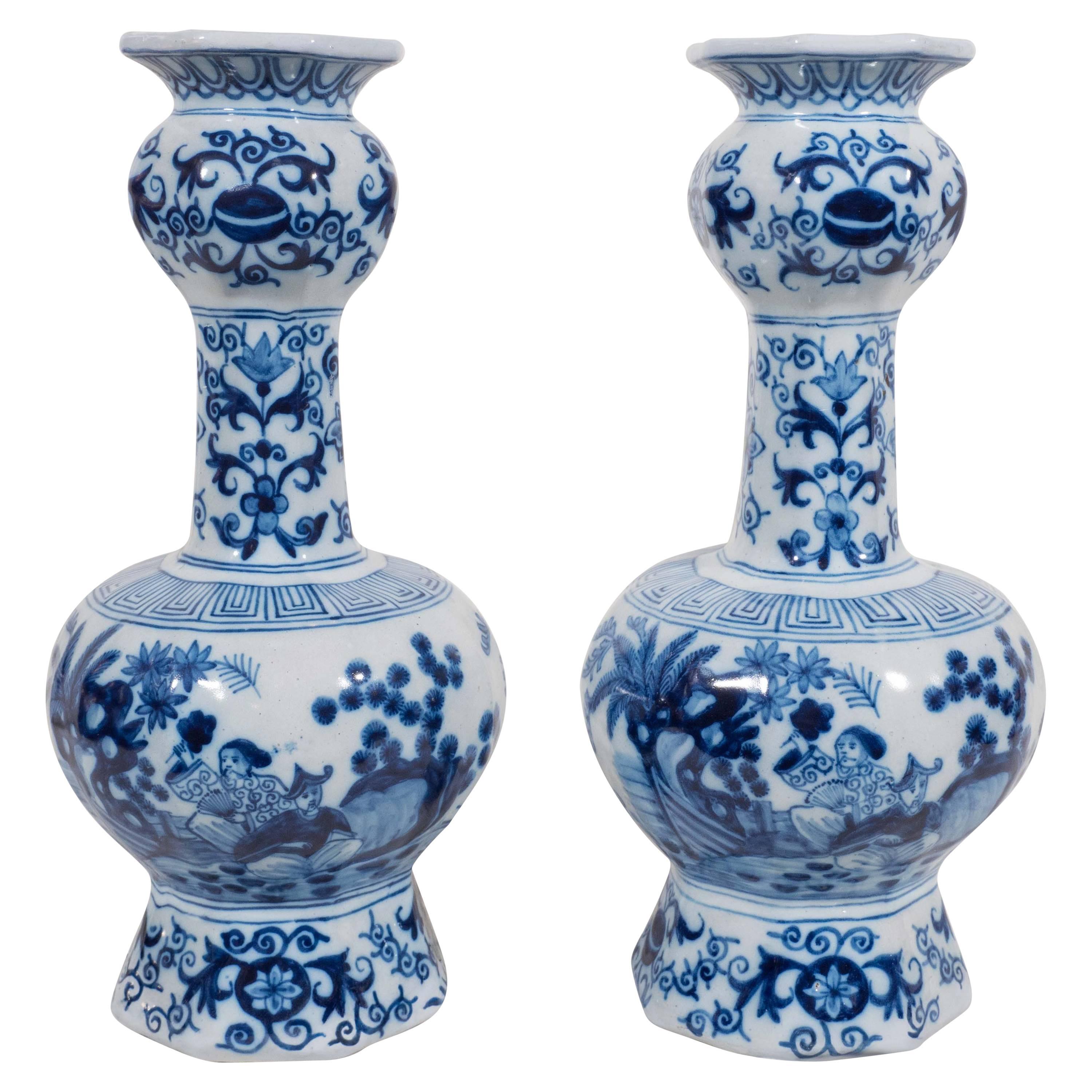 Pair of Blue and White Delft Vases with Chinoiserie Decoration