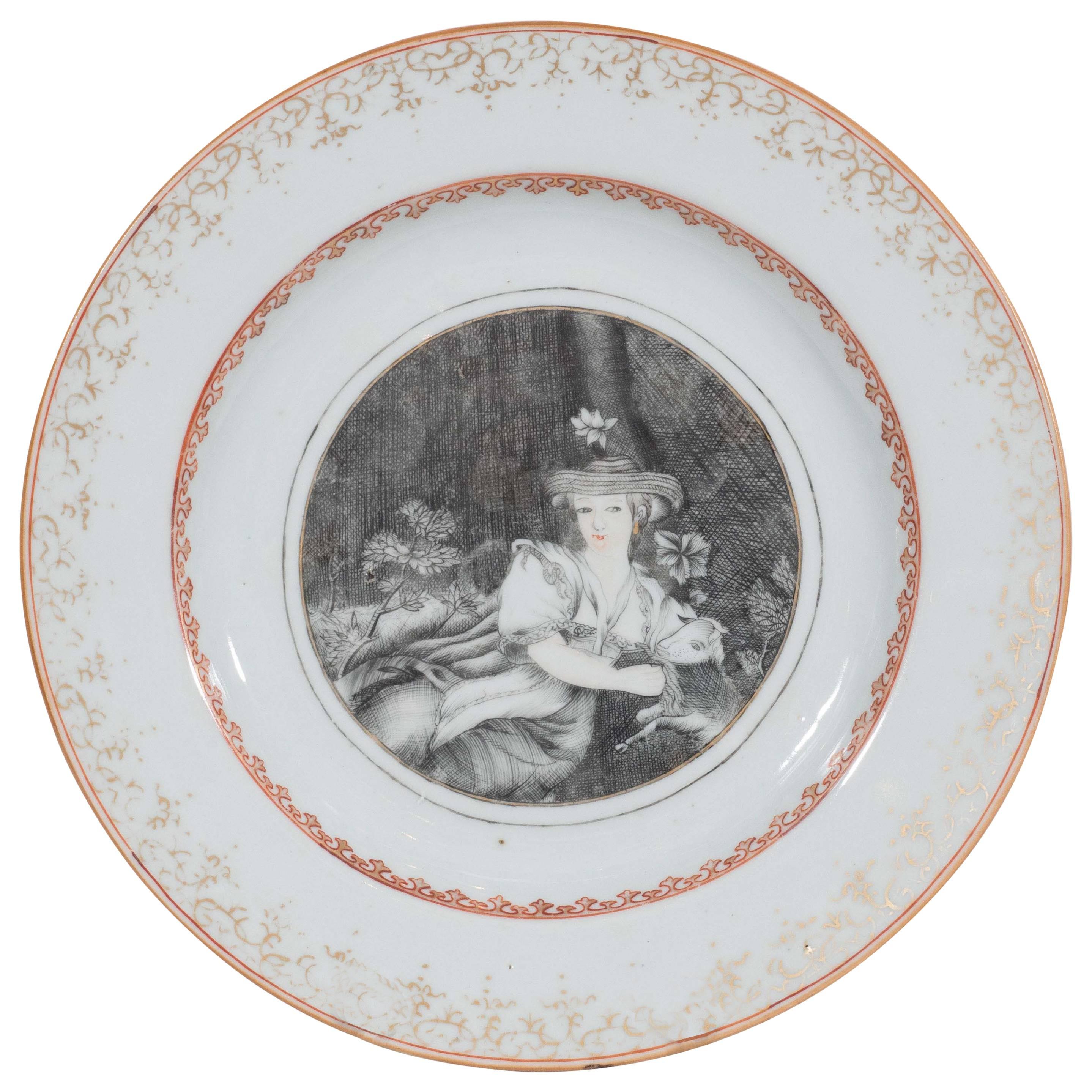 Qianlong Reign Chinese Export Dish European Scene Showing a Shepherdess ca. 1740