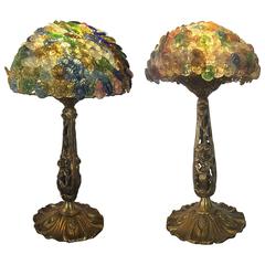 Rare Pair of Art Deco Czech Glass Lamps on Bronze Tree Trunk Bases