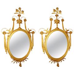 Pair of Adams Style Gilt Gold Oval Wood and Gesso Wall / Console Mirrors