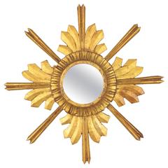 Unusual French 1930s Carved Wood Gold Leaf Flower Burst Mirror