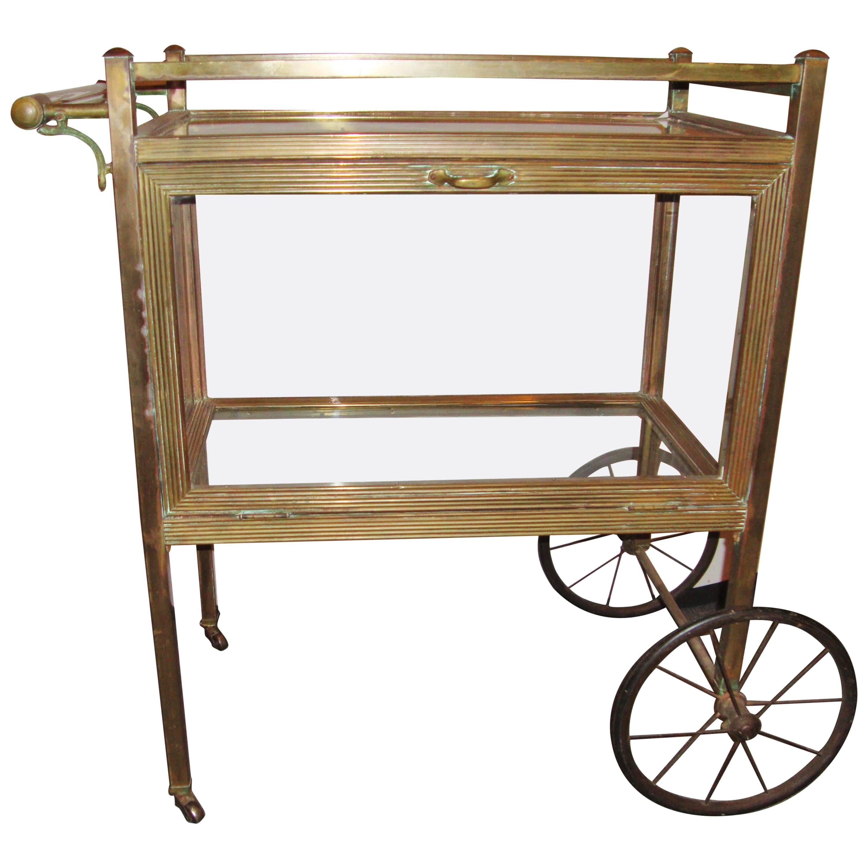 Mid-Century Modern Brass and Glass Tea Cart Serving Wagon