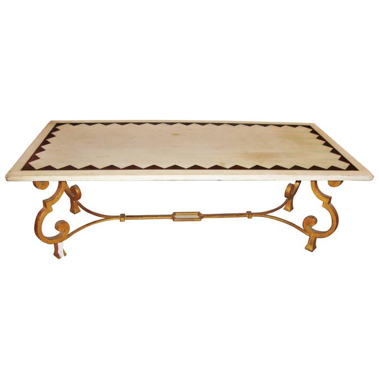 Hollywood Regency French Brass Base Coffee Cocktail Table Inlaid Marble