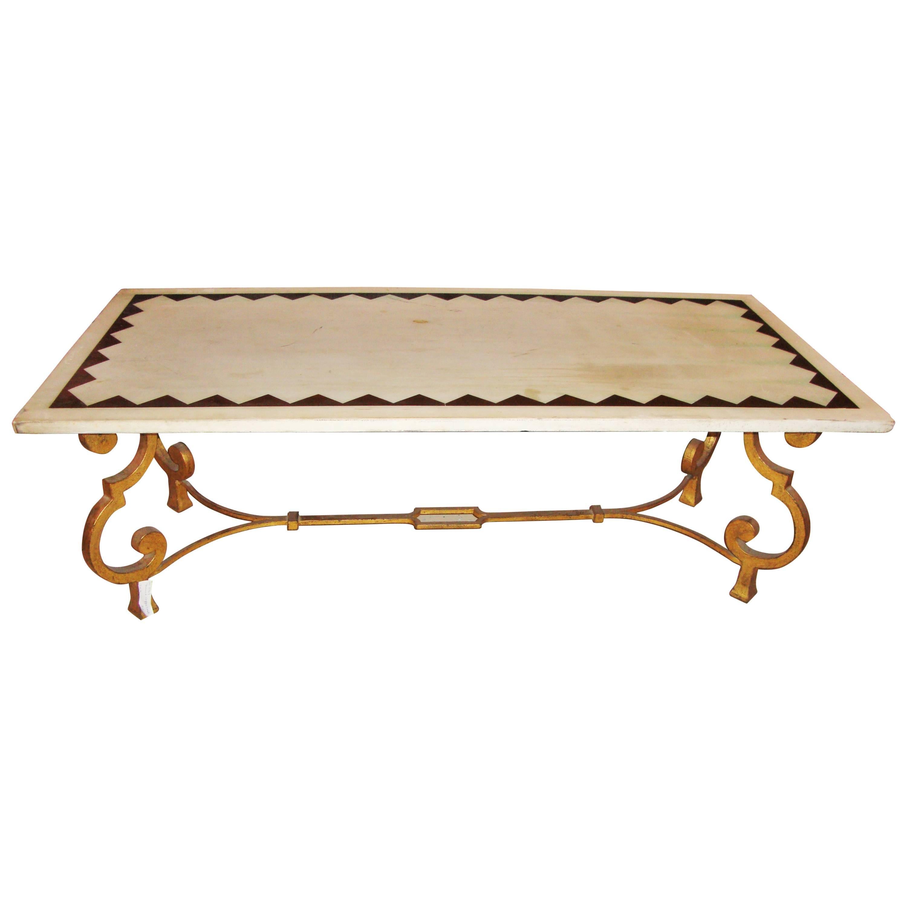 Hollywood Regency French Brass Base Coffee Cocktail Table Inlaid Marble Top