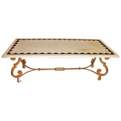 Hollywood Regency French Brass Base Coffee Cocktail Table Inlaid Marble Top