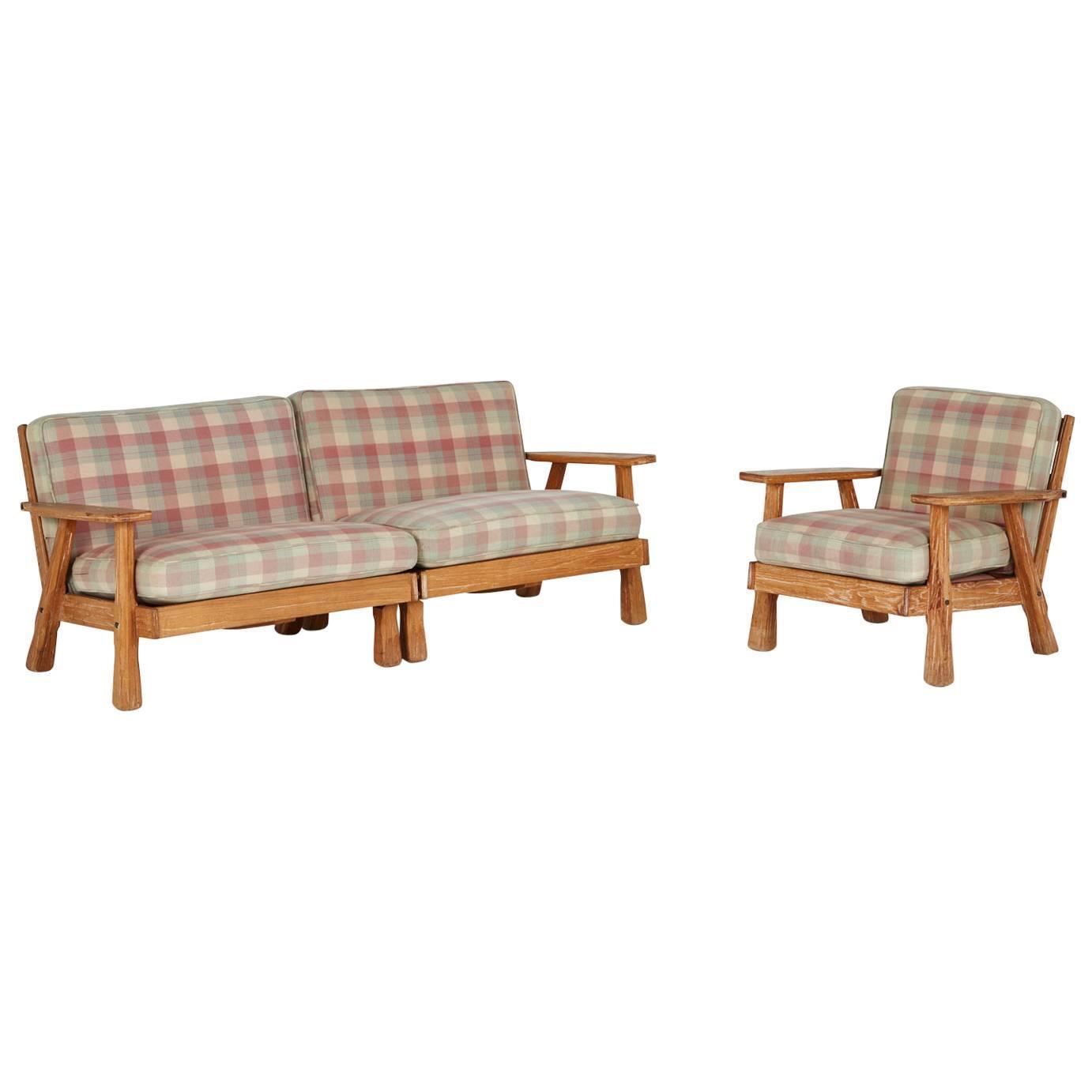 A. Brandt Ranch ThreePiece Textured Oak Seating Set, circa 1950s For