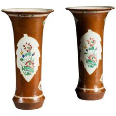 Pair of Japanned Berlin Chinoiserie Wucai Batavia Trumpet Vases