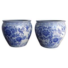 Pair of Chinese Blue and White Porcelain Planters