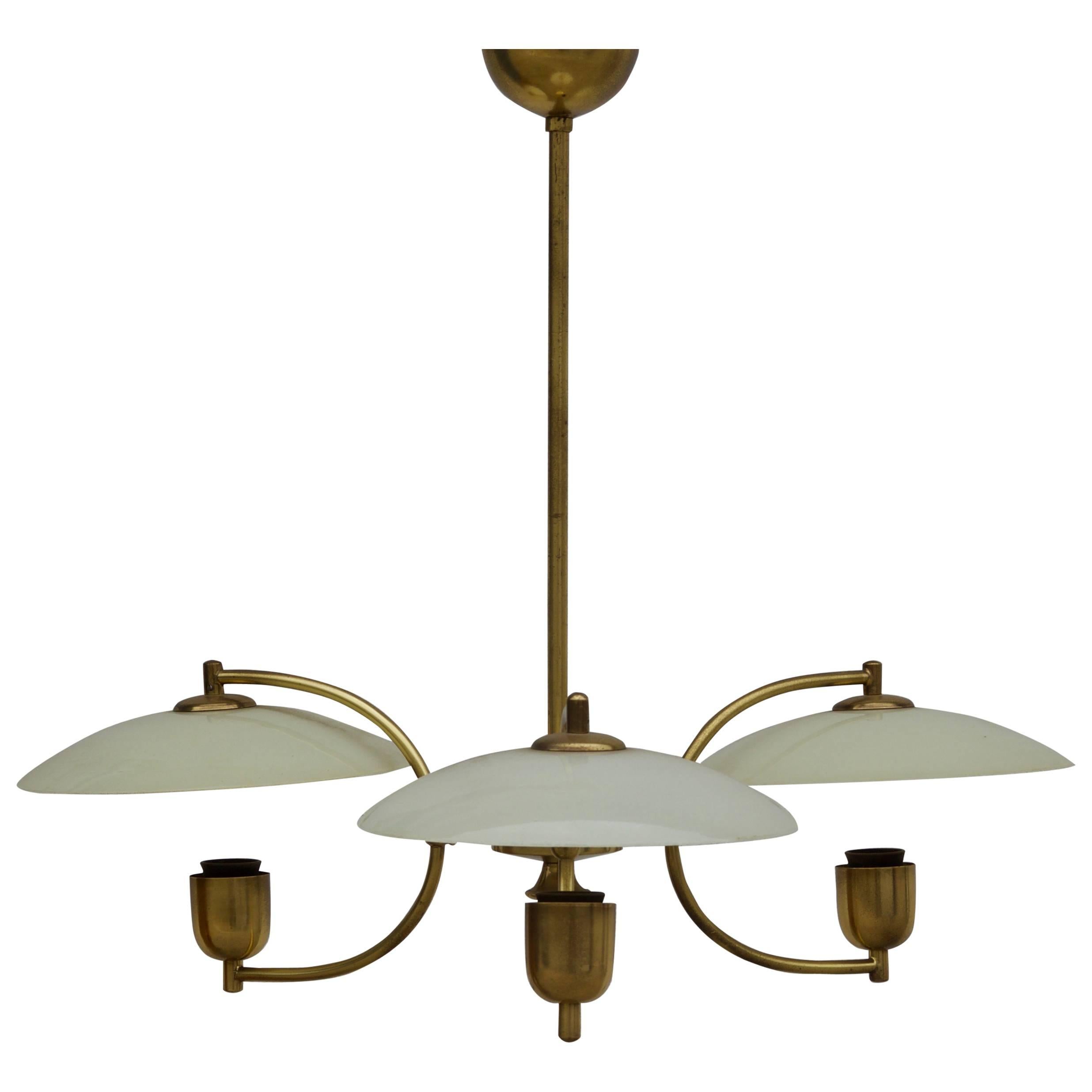 Chic Patinated Brass and Cream Opaline Glass Danish Pendant by Ernst Voss