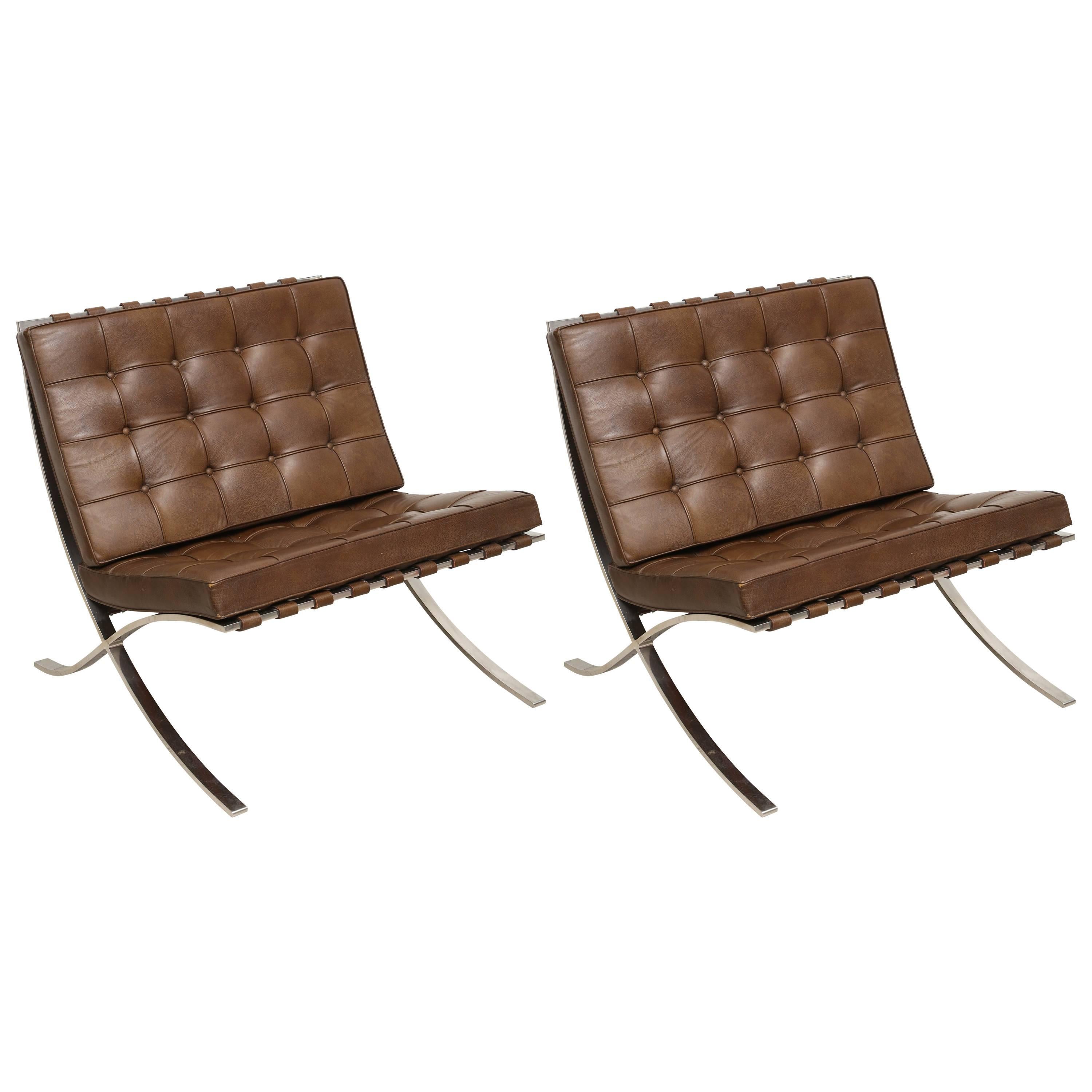 Pair of Vintage Brown Leather Barcelona Chairs For Sale