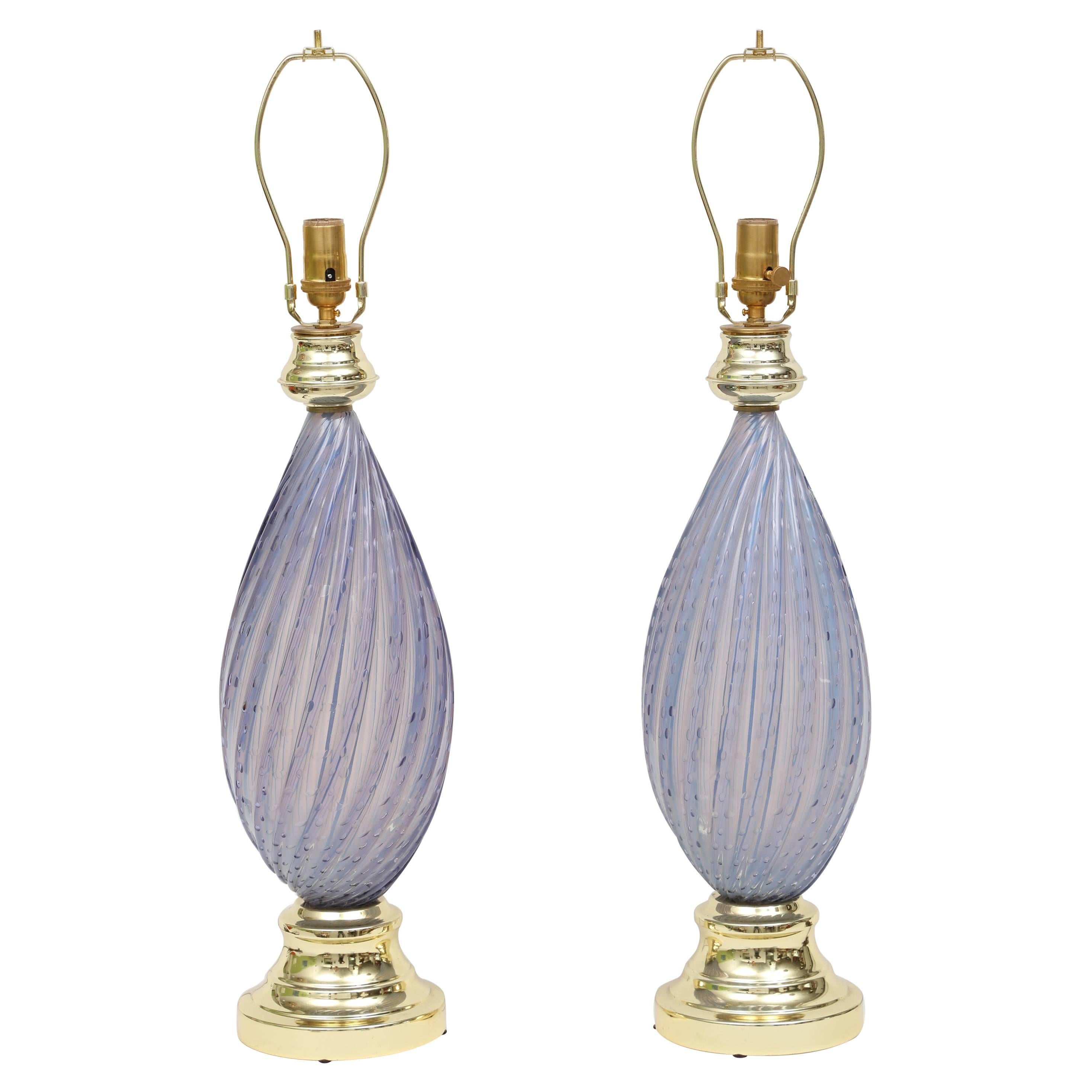 Pair of Periwinkle Blue Barbini Murano Lamps For Sale