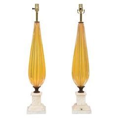 Pair of Vintage Translucent Yellow Murano Glass Lamps with Marble Bases 10