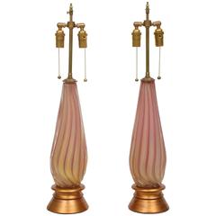 Pair of Vintage Gold-Flecked Pink Murano Glass Lamps with Gilt Bases 3