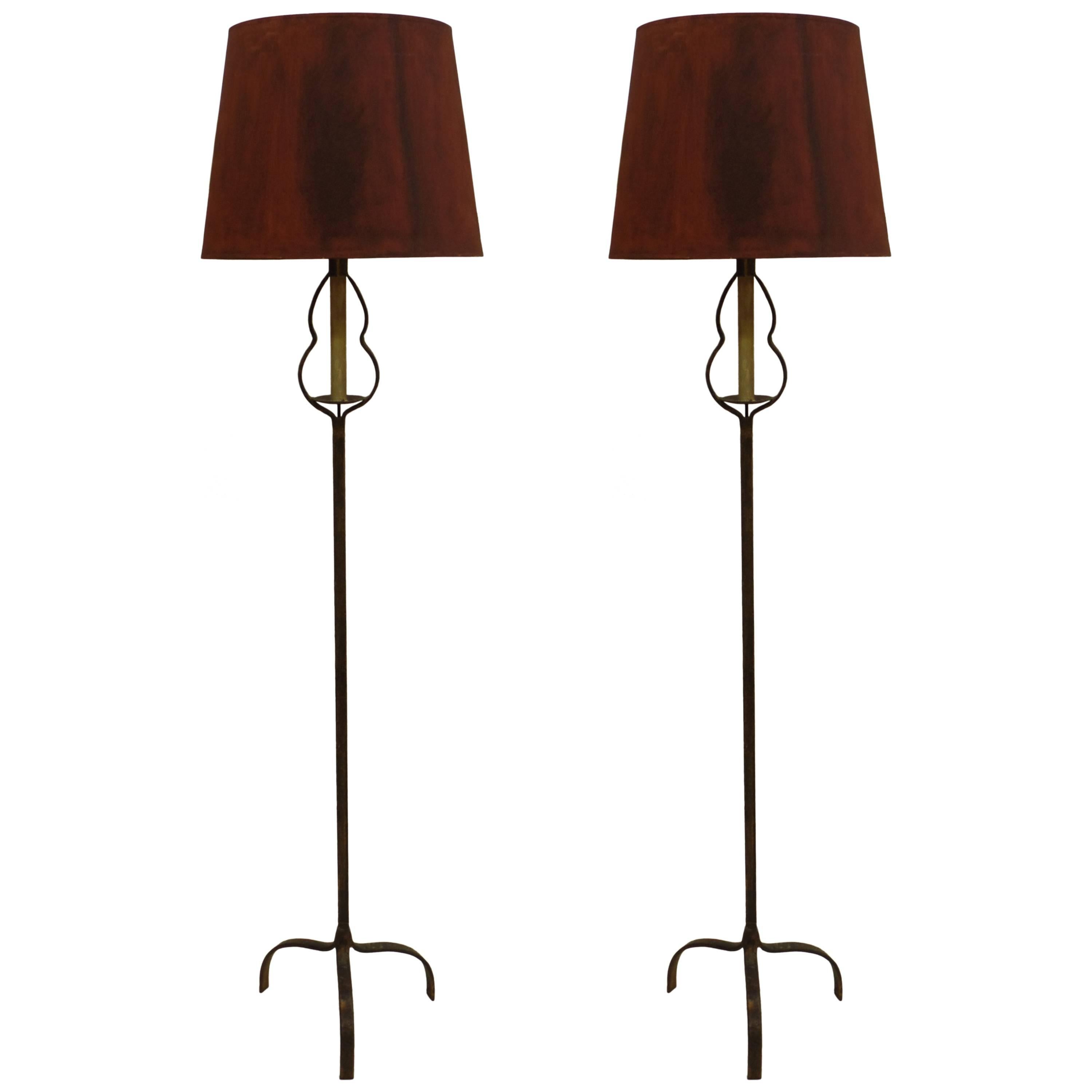 Pair of French Mid-Century Partially Gilt Wrought Iron Floor Lamps, 1940 For Sale