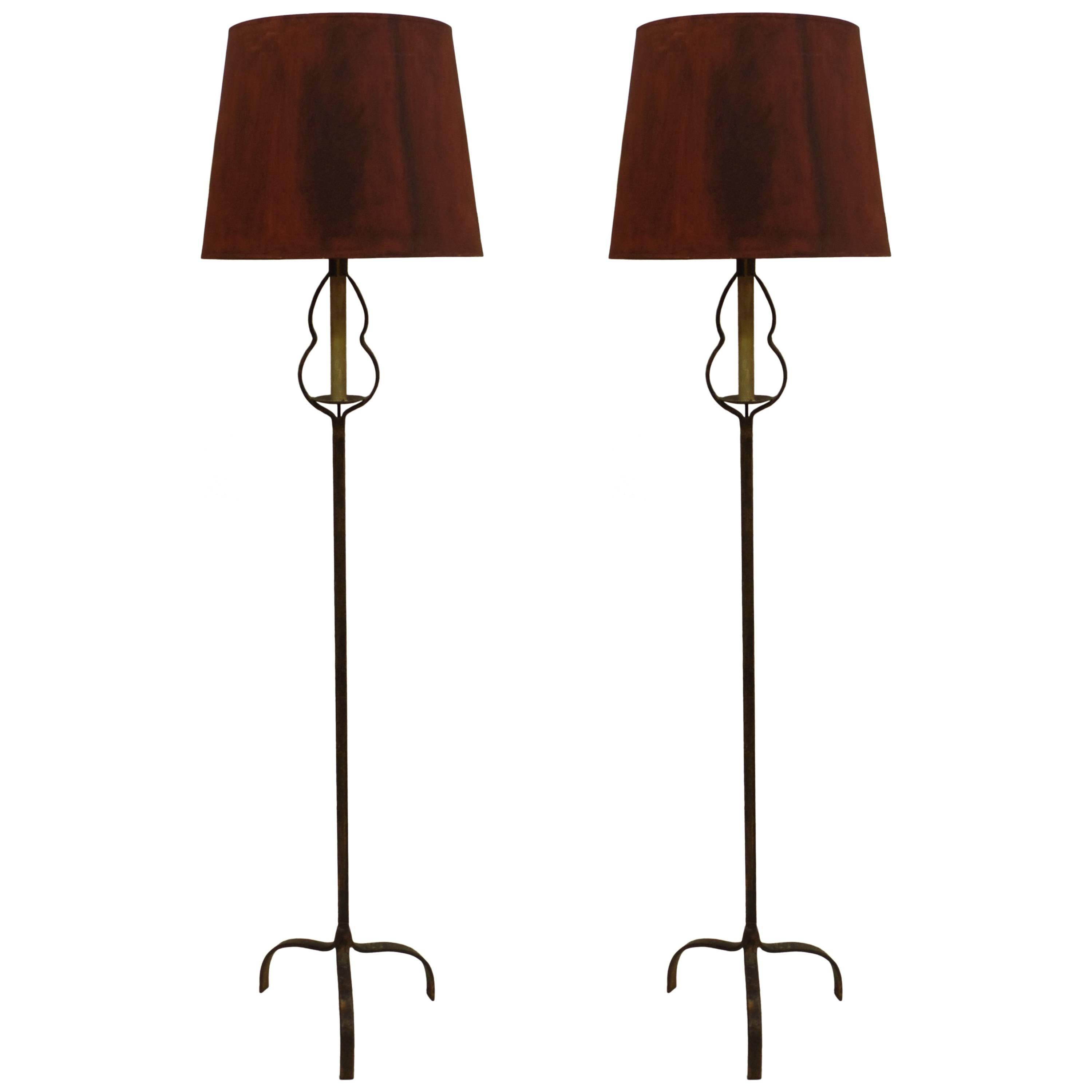 Pair of French Mid-Century Partially Gilt Wrought Iron Floor Lamps, 1940