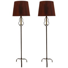 Vintage Pair of French Mid-Century Partially Gilt Wrought Iron Floor Lamps, 1940