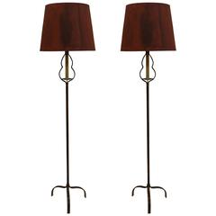 Pair of French 1940s Partially Gilt Wrought Iron Floor Lamps 4