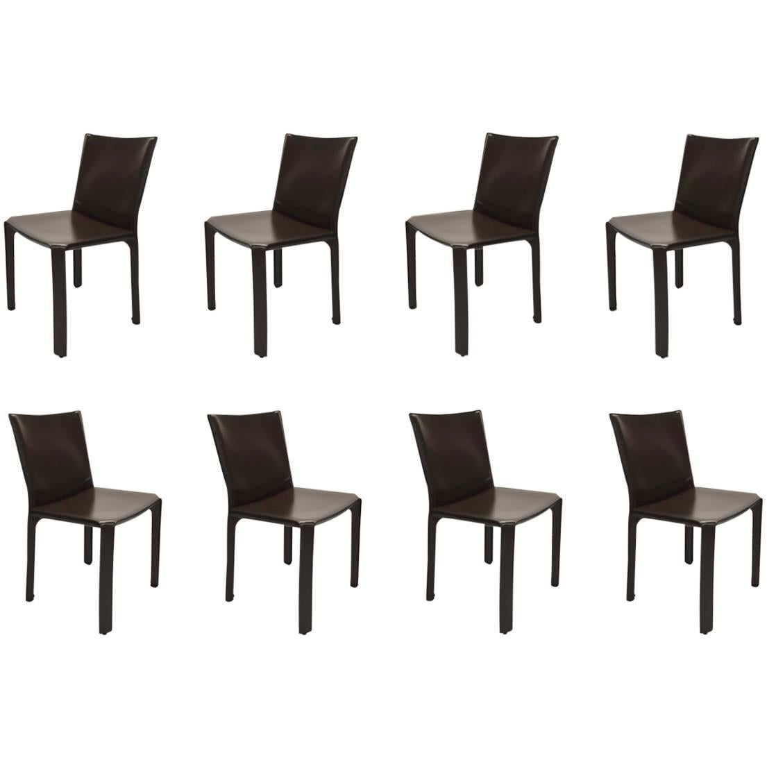 Eight Armless Brown Leather CAB Chairs by Mario Bellini for Cassina, 1977, Italy