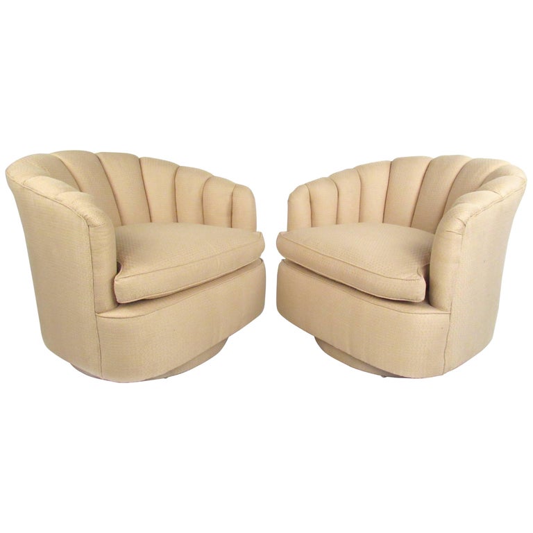 Pair of Contemporary Modern Scalloped Swivel Lounge Chairs For Sale