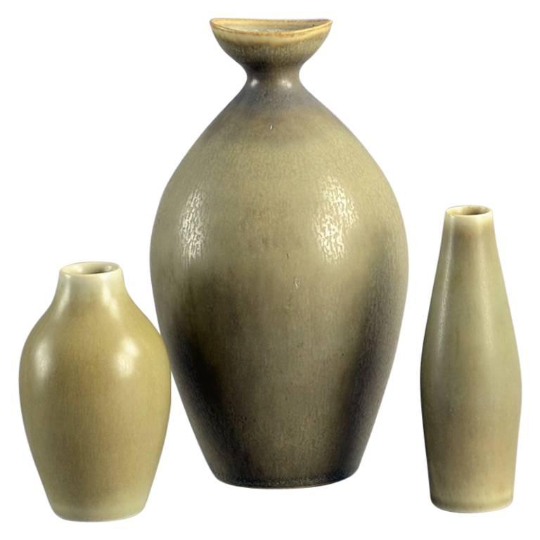 Group of Vases with Pale Olive Haresfur Glaze by Palshus, Denmark, 1950s-1960s For Sale