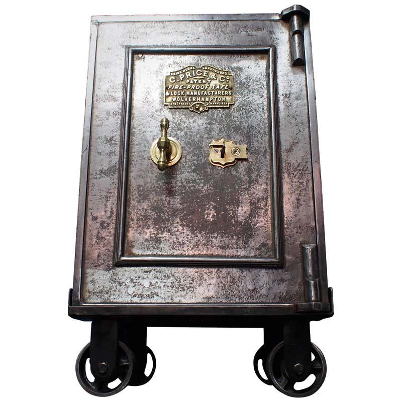 Old Rustic Keypad Safe Fire-Proof Safe with Original Key Set on Bespoke Steel Trolley, 1800s ...