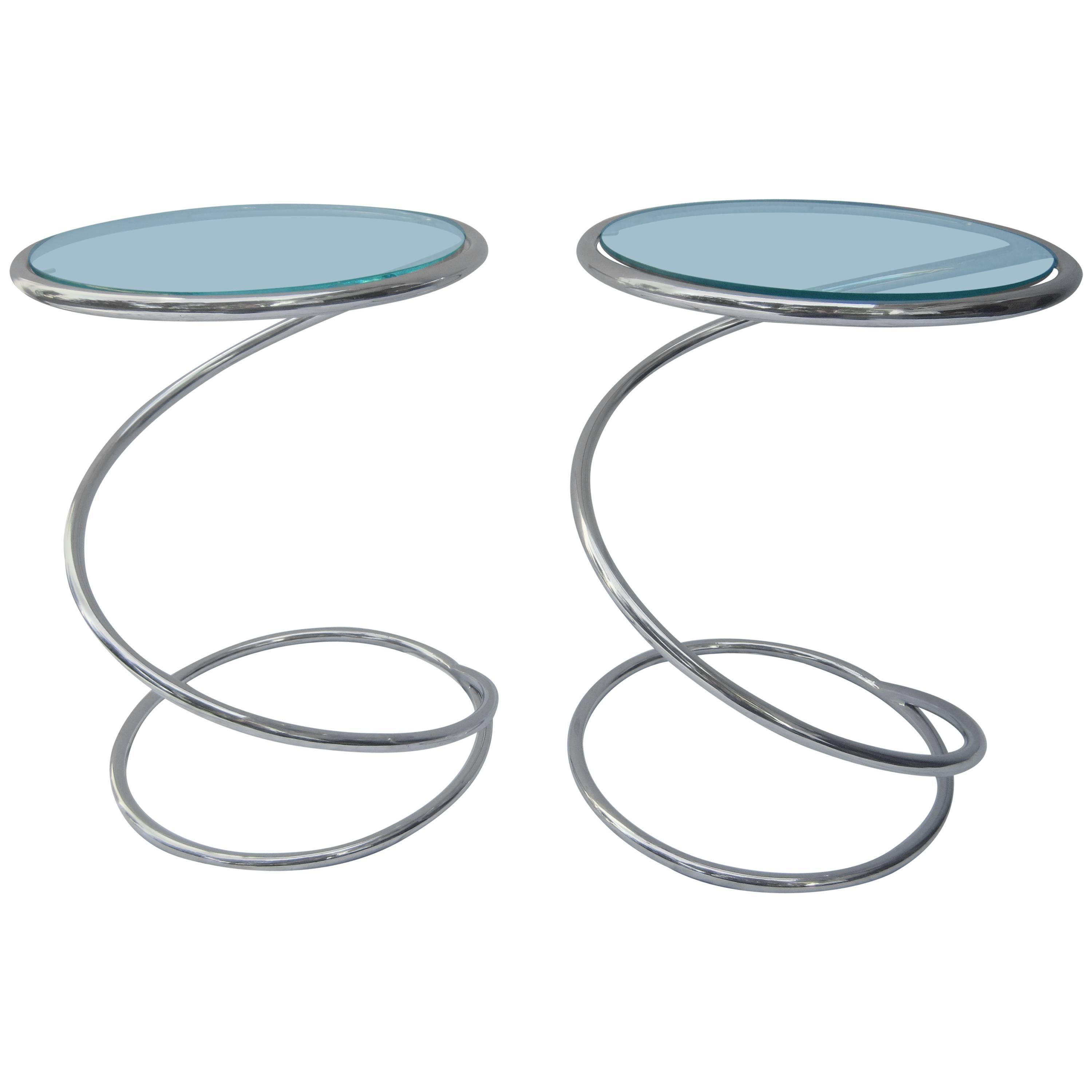 Pair of Polished Chrome and Glass Pace Tables by Leon Rosen