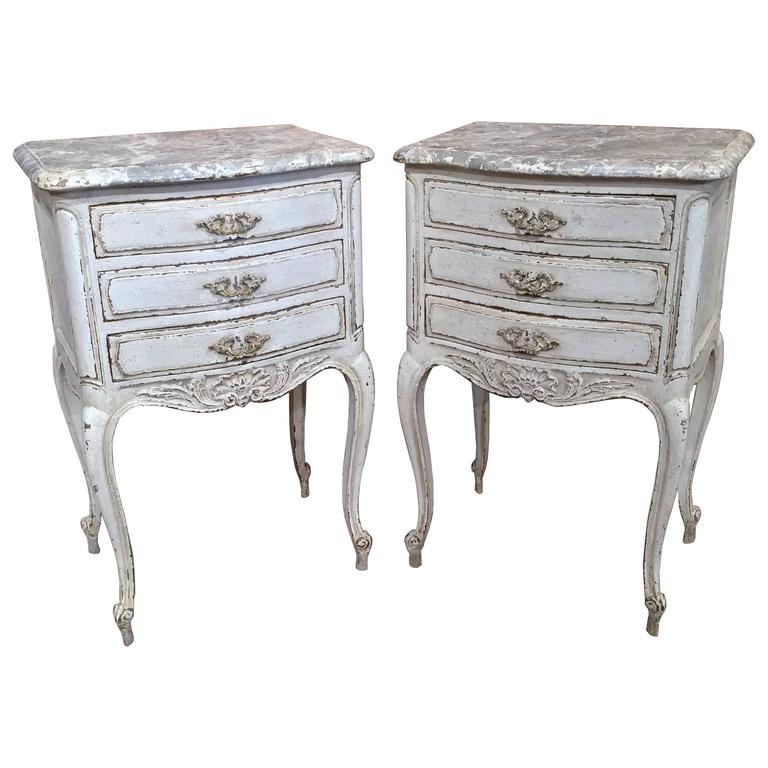 Pair of 19th Century French Carved Painted Bedside Tables with Faux