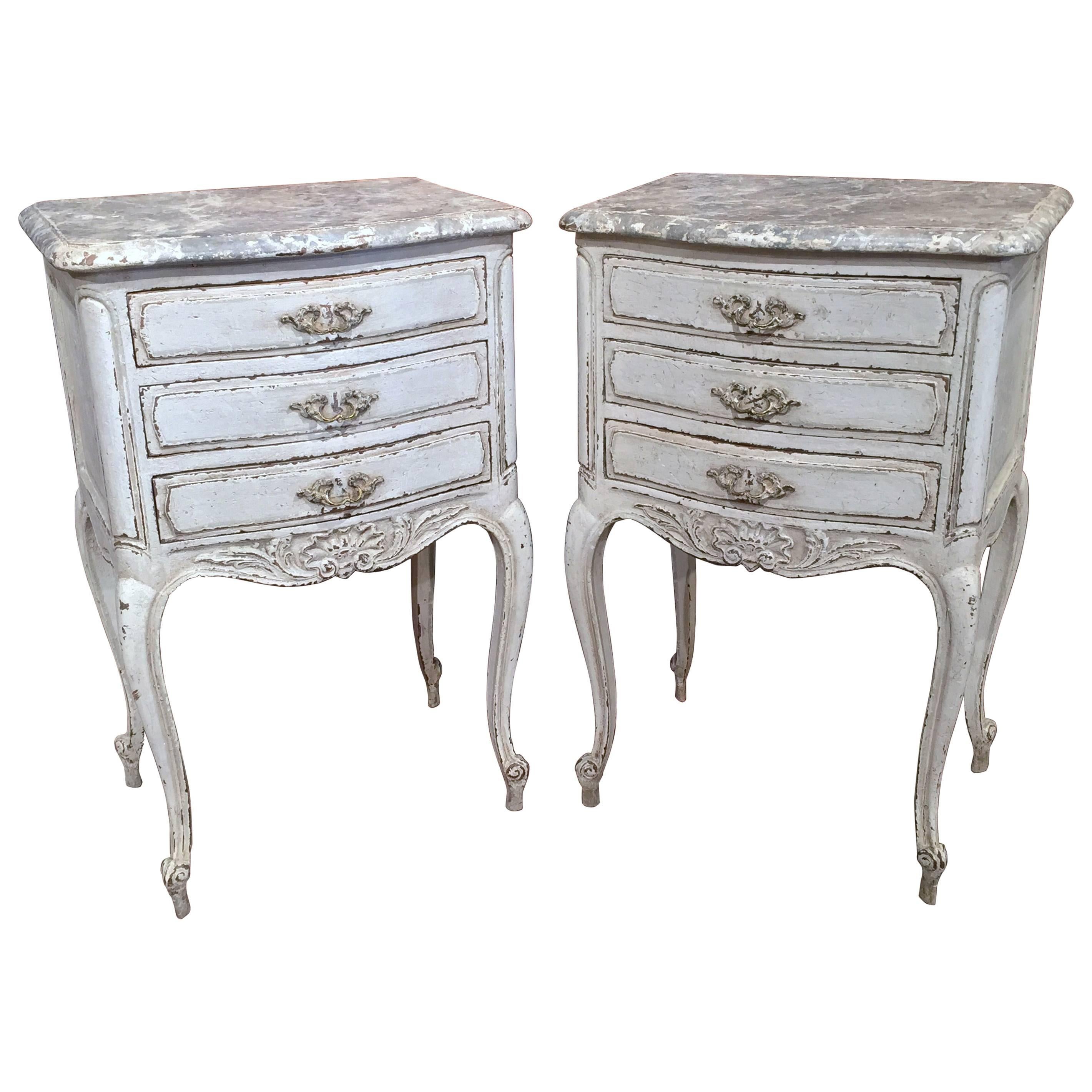 Pair of 19th Century French Carved Painted Bedside Tables with Faux Marble Top