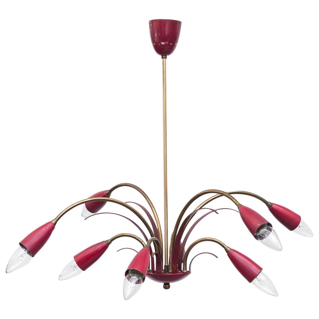 Arredoluce Style Multi-Arm Chandelier in Brass and Brick Red