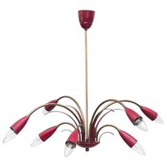 Arredoluce Style Multi-Arm Chandelier in Brass and Brick Red 10