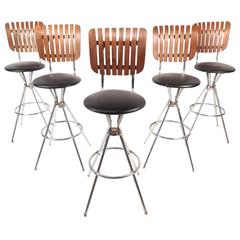 Mid Century Modern Italian Style Swivel Wrought Iron And Vinyl Bar Set Of Five Mid Century Modern Swivel Bar Stools