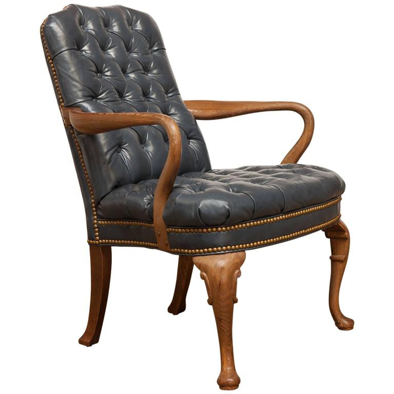 Chippendale Style Tufted Leather Library Chair by Schafer Brothers at