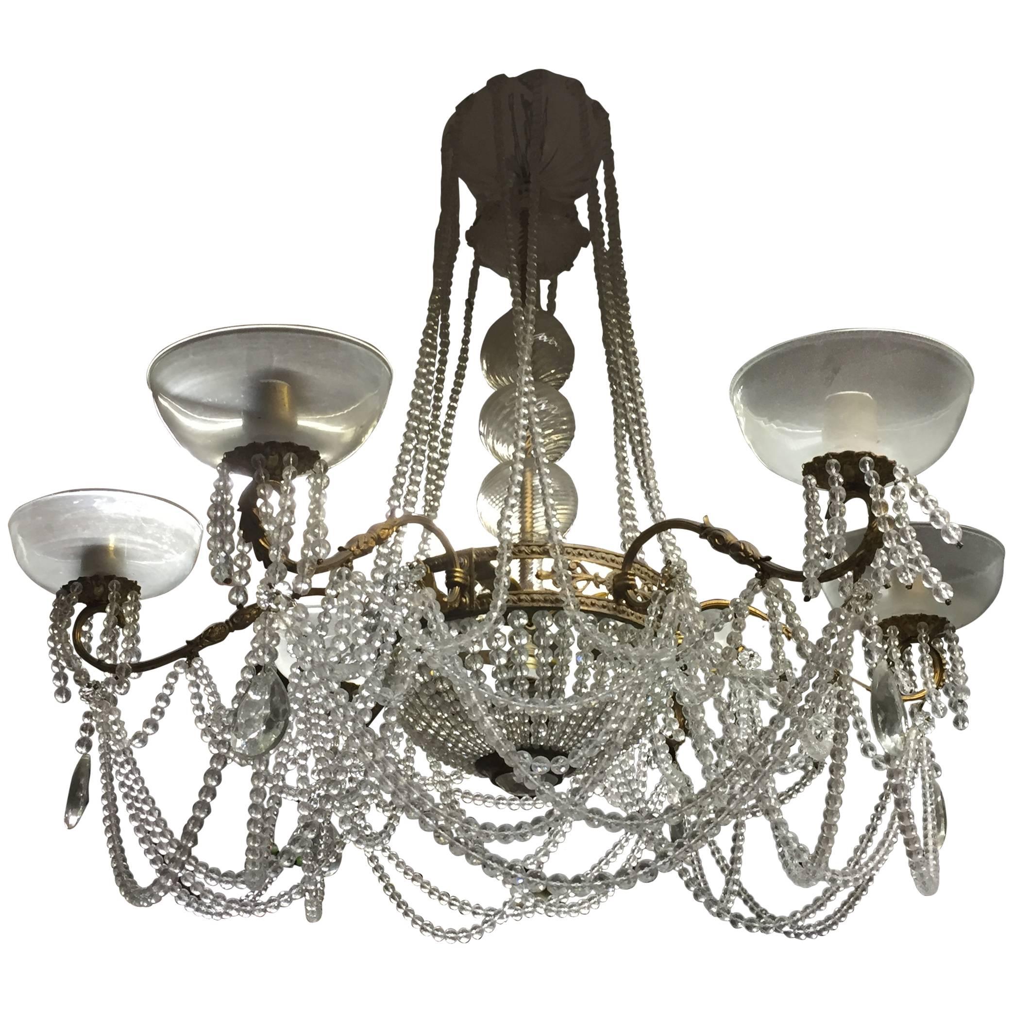 Early 20th Century Italian Six Arms Gilt Bronze and Glass Chandelier For Sale