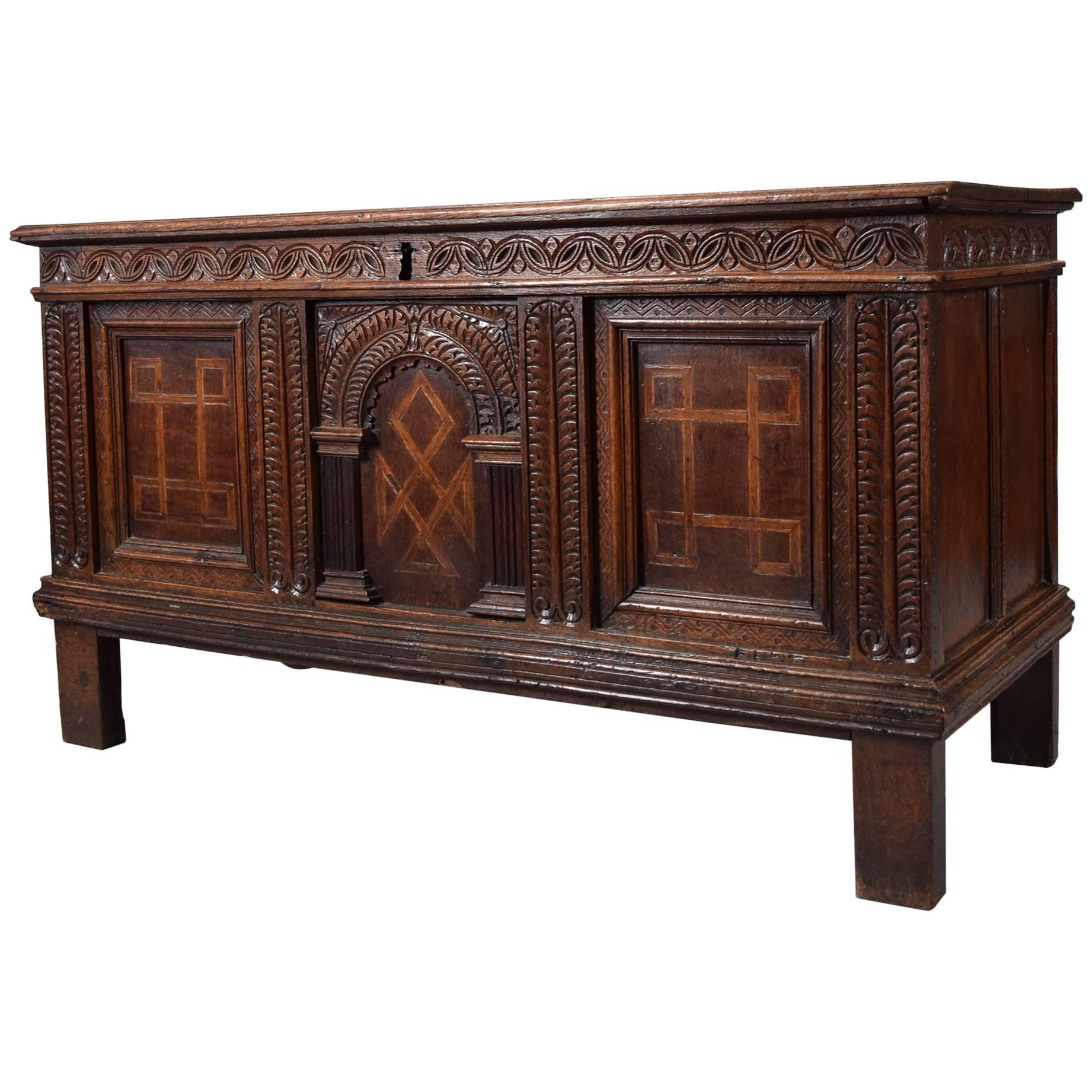 Fine Stuart Inlaid and Carved Oak Coffer, Early 17th Century For Sale