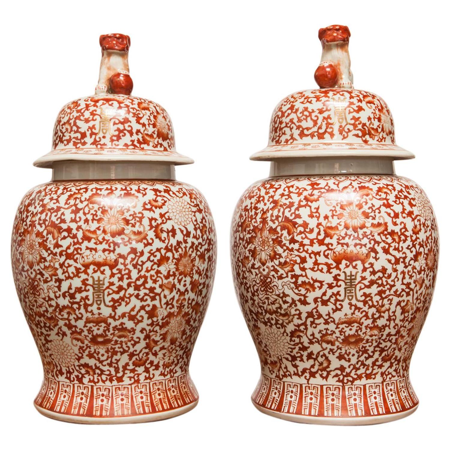 Pair of Large Chinese Porcelain Temple Ginger Jars at 1stdibs