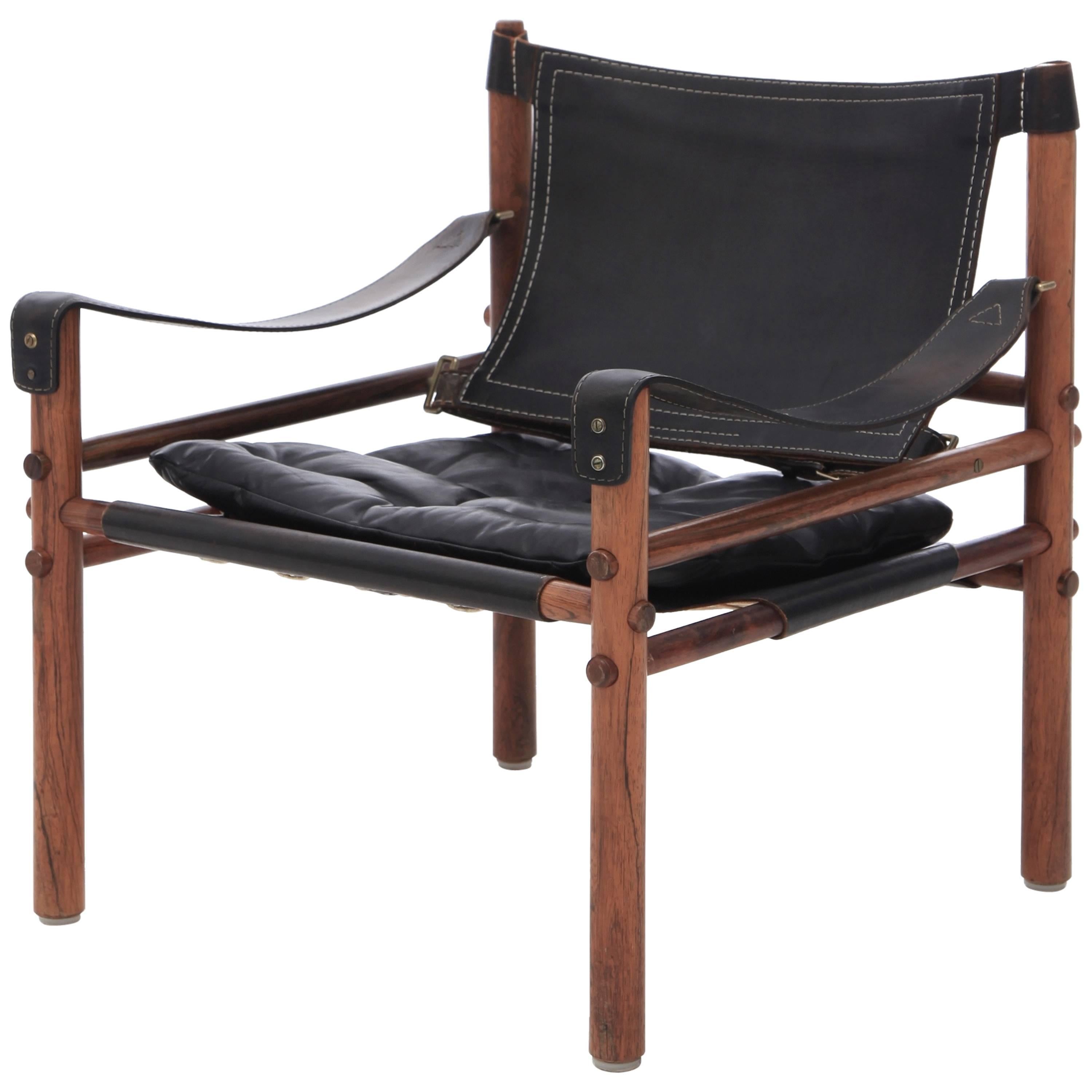 Arne Norell Black Leather and Rosewood Safari Sirocco Chair, Sweden, 1960s