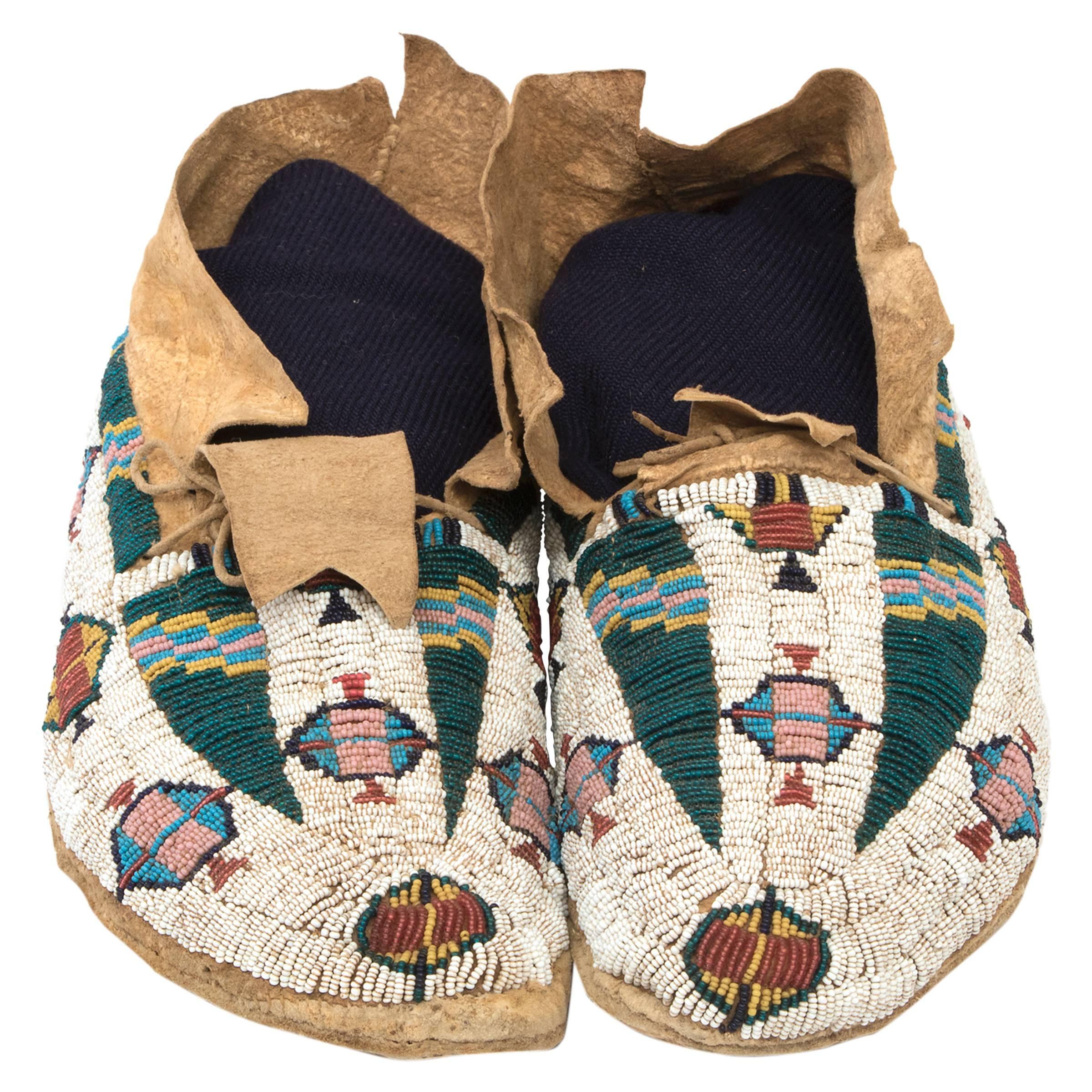 Antique Native American Pictorial Beaded Moccasins, Cheyenne, 19th Century