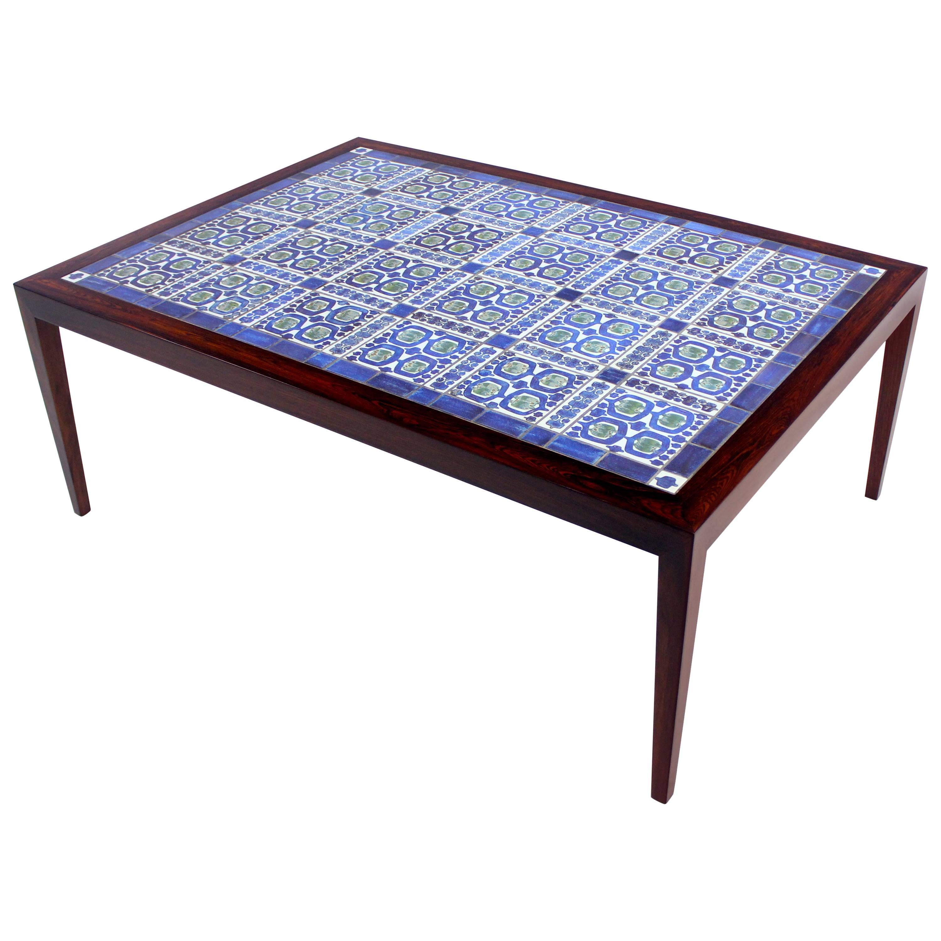 Large Danish Modern Rosewood Coffee Table with Inlaid Tiles by Severin Hansen Jr For Sale