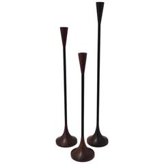 Vintage Set of Three Graduated Rosewood and Black Steel Candlesticks by Sam Mann