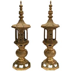 Vintage Chinese Brass Pagoda Temple Table Lamp, Pair
