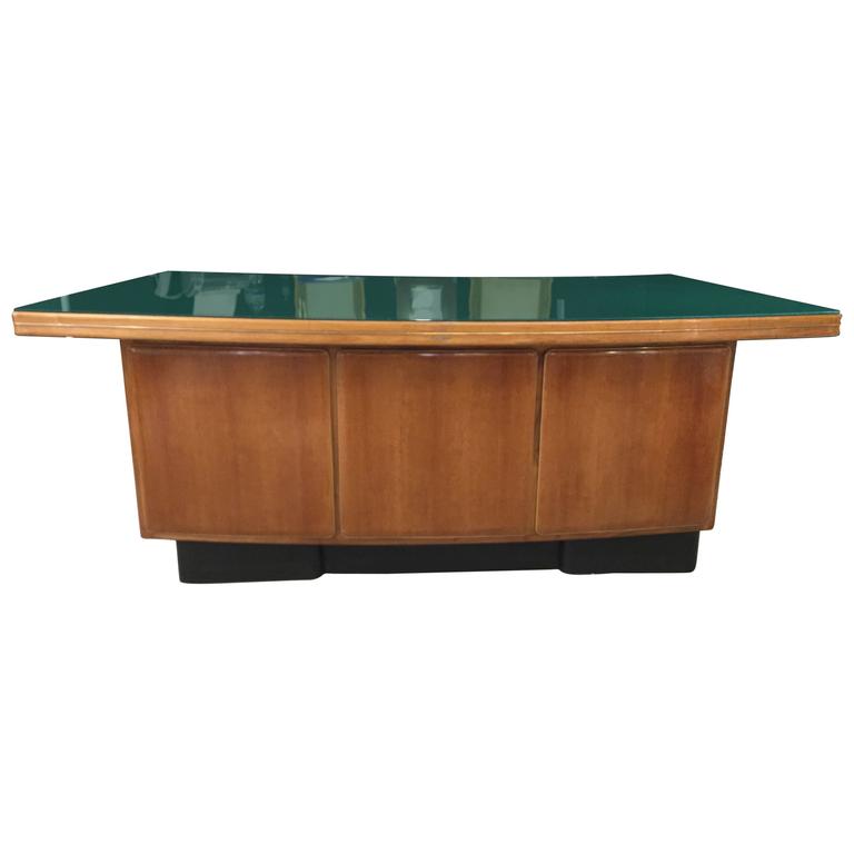 Italian Desk In Walnut And Green Glass Top By Anonima Castelli