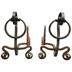 Pair of Early American Serpentine Scrolled and Twisted Andirons