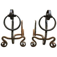 Pair of Early American Serpentine Scrolled and Twisted Andirons 12